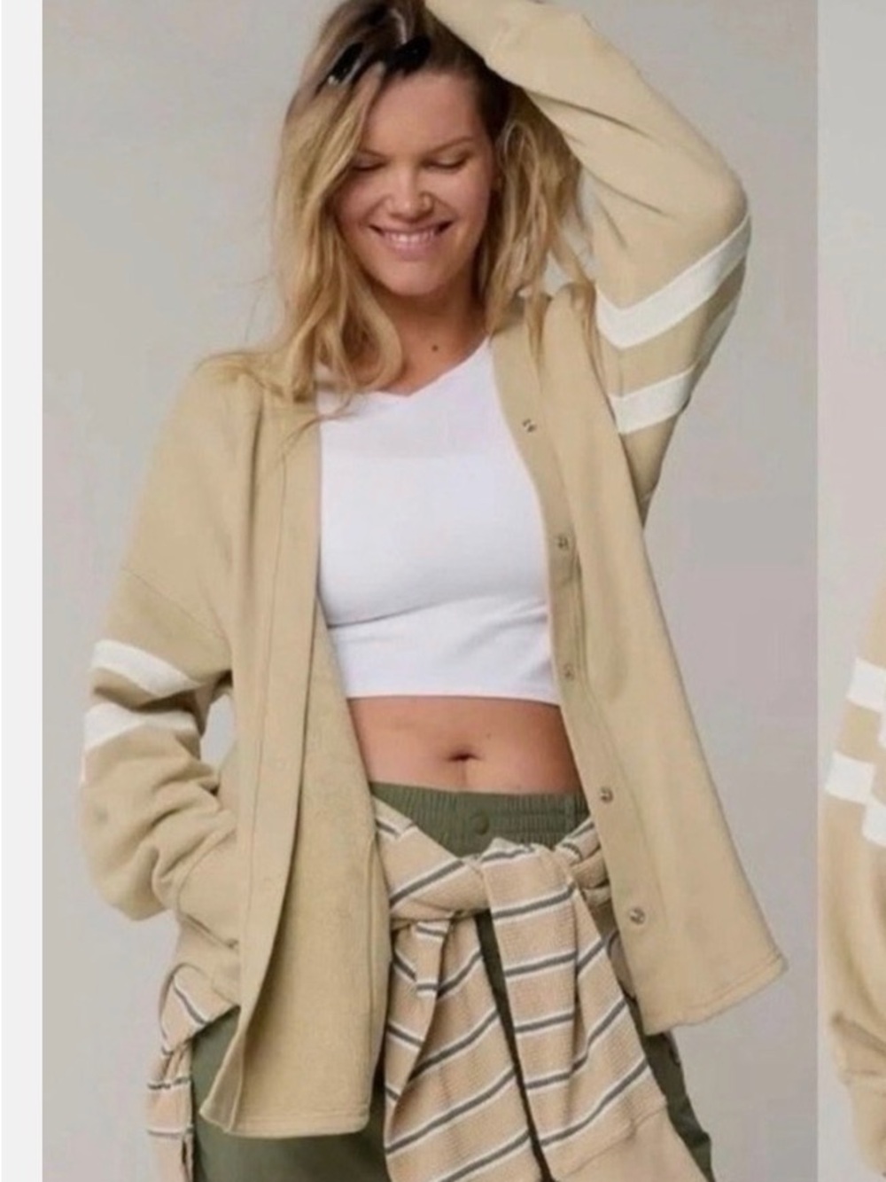 Aerie Tan and White Varsity Cardigan